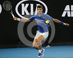 14 time Grand Slam Champion Novak Djokovic of Serbia in action during his final match against Rafael Nadal at 2019 Australian Open