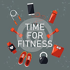 Time for healthy concept flat icons of jogging, gym, metrics. Isolated vector illustration and modern design element