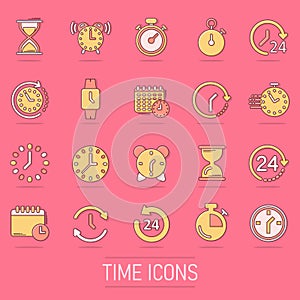 Time icon set in comic style. Agenda clock cartoon vector illustration on isolated background. Sandglass, wristwatch timer splash