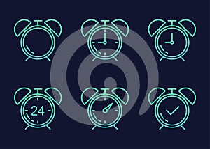 Time icon set in flat style. Agenda clock alarm gradient colors on dark blue background. Vector