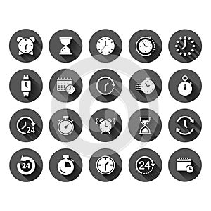 Time icon set in flat style. Agenda clock vector illustration on black round background with long shadow effect. Sandglass,