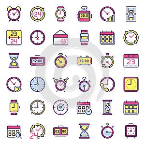 Time icons. Alarm clock, hourglass timer and deadline watch. Colorful 24 hours clocks flat icon isolated vector set