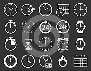 Time icons and clock line icons isolated on dark background. For mobile devices and the Internet.