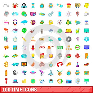 100 time icons set, cartoon style