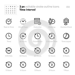 Time interval and Clock Face outline vector icons. Meeting, Calendar, 24 hours