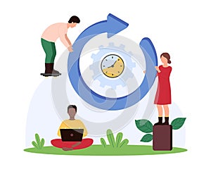 Time interval countdown, progress button, tiny people holding arrow with spin motion photo