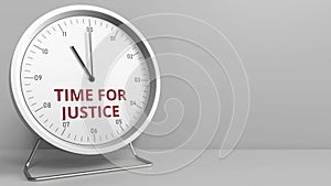 TIME FOR JUSTICE caption on the clock face. Conceptual animation