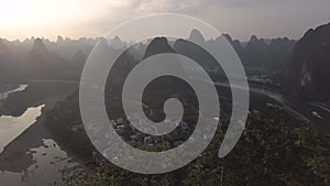 Time laps of Guilin, Li River and Karst mountains during the sunset