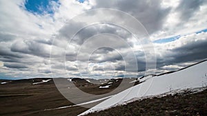 Time laps, there is still snow on the mountains, the sun is shining and the clouds are flying at breakneck speed