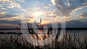 Time lapse of a beautiful sunset over a river with sky and clouds, light reflections in the water. landscape in the