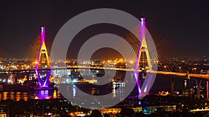 Time lapse of Bhumibol suspension bridge over Chao Phraya River at night in Bangkok city, Thailand