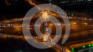 Time lapse cars on highway intense traffic during rush hour crossroad modern intersection at night