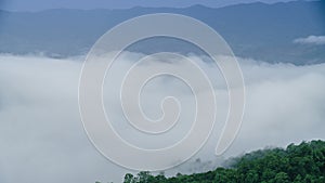 Time Lapse Close Up Mist Moving Over Green Mountain.