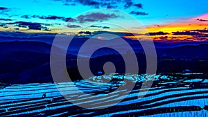 Time lapse, clouds moving over the rice fields reflected in the water