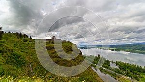 Time lapse of clouds over Columbia River Gorge with freeway i84 traffic and Crown Point in Oregon 4k