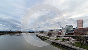 Time lapse of clouds over Portland OR city with flowering Cherry Blossom Trees