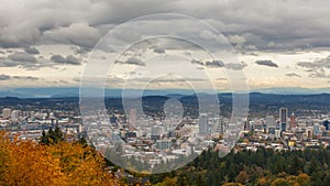 Time lapse of clouds over Portland OR cityscape in colorful fall season 4k uhd