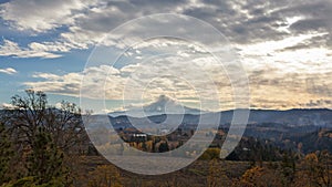 Time Lapse of clouds over snow covered Mt Hood in Hood River OR Fall Season 4k