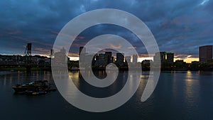 Time lapse of clouds and sky over downtown Portland Oregon at sunset 4k uhd