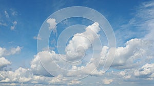 Time lapse cumulus, Cirrostratus and stratocumulus Sc clouds against blue sky. Cloudiness moves lower and faster