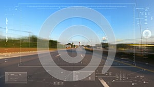 Time-lapse of driver point of view motion blur moving forward driving, between the country road, with technology HUD user interfac