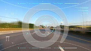 Time-lapse of driver point of view motion blur moving forward driving, between the country road, with technology HUD user interfac