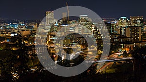 Time Lapse of Fast Moving Traffic with On Rams to Highway 26 and Downtown Portland Oregon Cityscape at Blue Hour Closeup 1080p