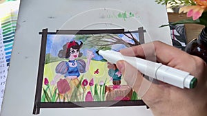 Time lapse of female artist drawing a fairy-tale illustration using alcohol markers. Snowwhite and dwarf on a tulip