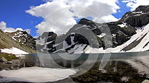 Time lapse on a lake high in the mountains with ice plates melting