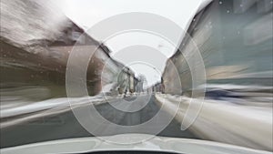 Time lapse of the movement on the car on the road through national park Harz in the winter. Lower Saxony. Germany.