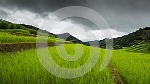 Time lapse  movement of sky cloudy over the mountain green field of local rice terrace