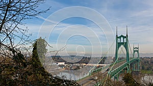 Time Lapse Movie of Auto Traffic and Moving Clouds Across Gothic Cathedral Like St. Johns Bridge along Willamette River 1080p