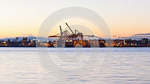 Time Lapse Movie of Heavy Shipyard Machinery Moving Cargo Containers in Port of Vancouver BC Canada at Sunrise 1080