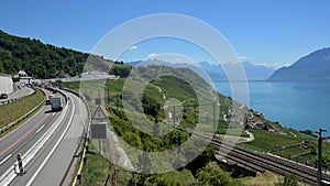 Time lapse over A9 highway through lavaux vineyard and lake Geneva. UNESCO world heritage site.