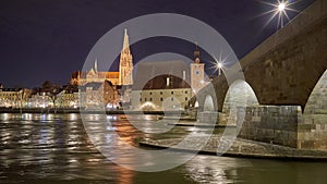 Time lapse panorama of Regensburg from side of Danube river, Bavaria, Germany