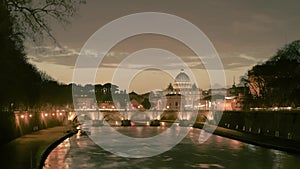 Time-lapse of Rome, Vatican, St Peter Basilica and St Angelo Bridge crossing Tiber River in the city center of Rome