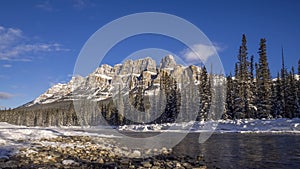 Time lapse of scenic Bow river and Castle Mountain