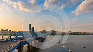 Time lapse of Seoul City skyline at Dongjak Bridge and Han river in Seoul, South Korea.