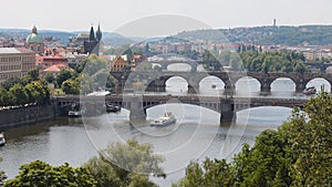 Time lapse shot of Prague from above. Bridges across the Vltava