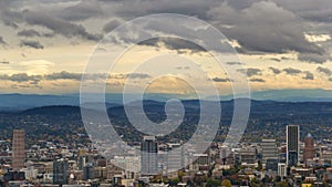 Time lapse of stormy clouds over Portland OR urban cityscape in autumn season 4k