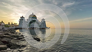 Time lapse. sunrise at Floating Mosque, Straits of Malacca. Zoom out