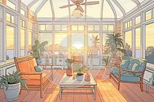 time-lapse sunset from colonial revival sunroom, magazine style illustration