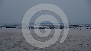 Time lapse of sunset sky at sea with cargo shipping port background, Thailand