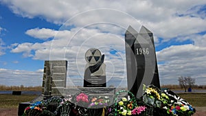 Time lapse video monumentum of radioactive hazard on blue sky background. Chernobyl tragedy concept.
