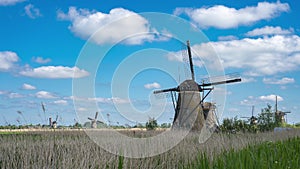 Time lapse video of Windmills at Kinderdijk Village in Molenlanden, Netherlands