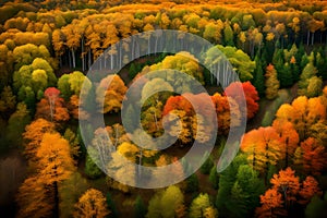 A time-lapse view of a deciduous forest transitioning through all four seasons, from the fresh green of spring to the fiery hues