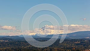 Time lapse of white clouds and blue sky over snow covered Mt. Hood in Oregon 4k