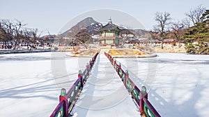 Time lapse Winter snow of Gyeongbok Palace in Seoul, South Korea