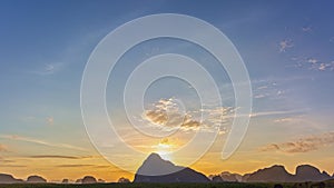 .time lapse wonderful blue sunrise natural Landscape above Samed Nang Chee Phang Nga viewpoint.