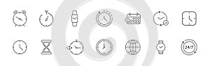 Time line icon set. Clock stroke symbol. Watch outline pictogram. Timer, stopwatch, alam thin label. Speed 24 hour